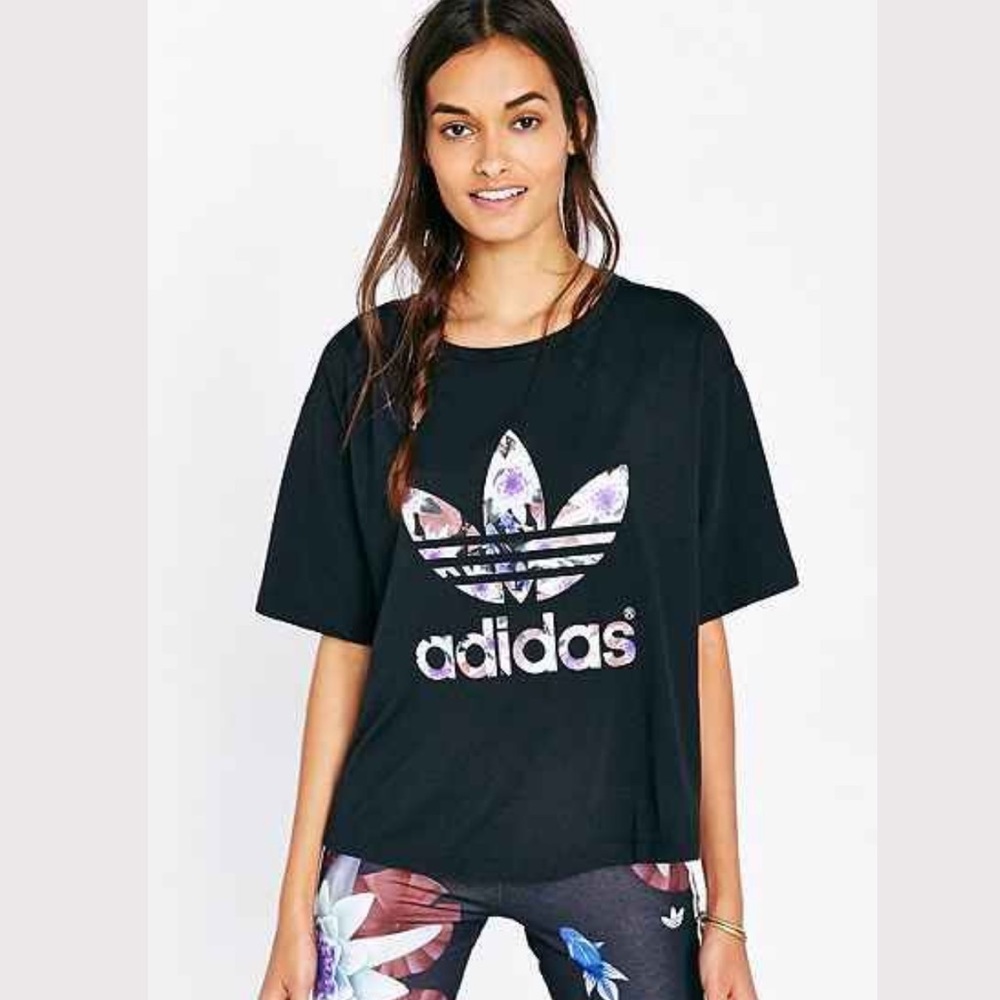 Adidas Originals Black Waterlily Floral Trefoil Crop Top